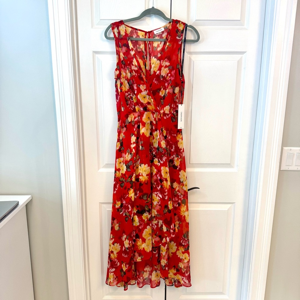 NWT Calvin Klein floral ruffle dress - orange, red, yellow size 10